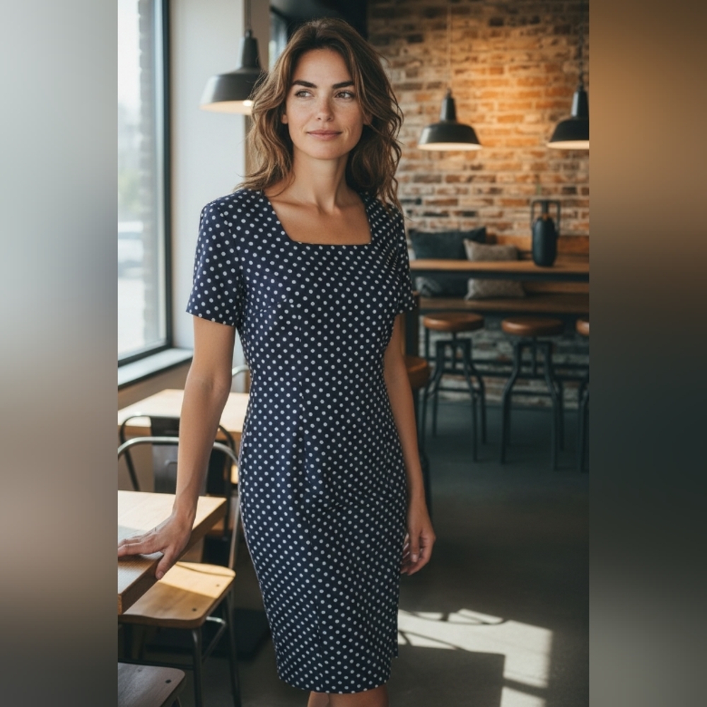 SAG HARBOR PETITE Elegant Navy Polka Dot Dress SIZE 8P